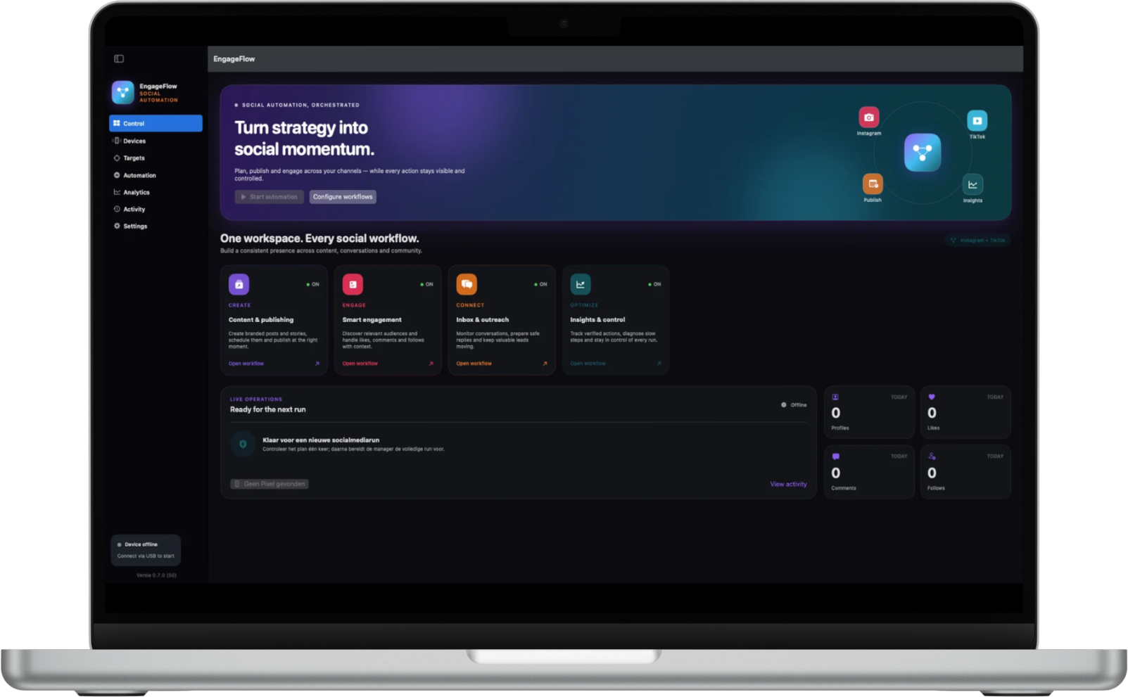 EngageFlow control dashboard op een MacBook